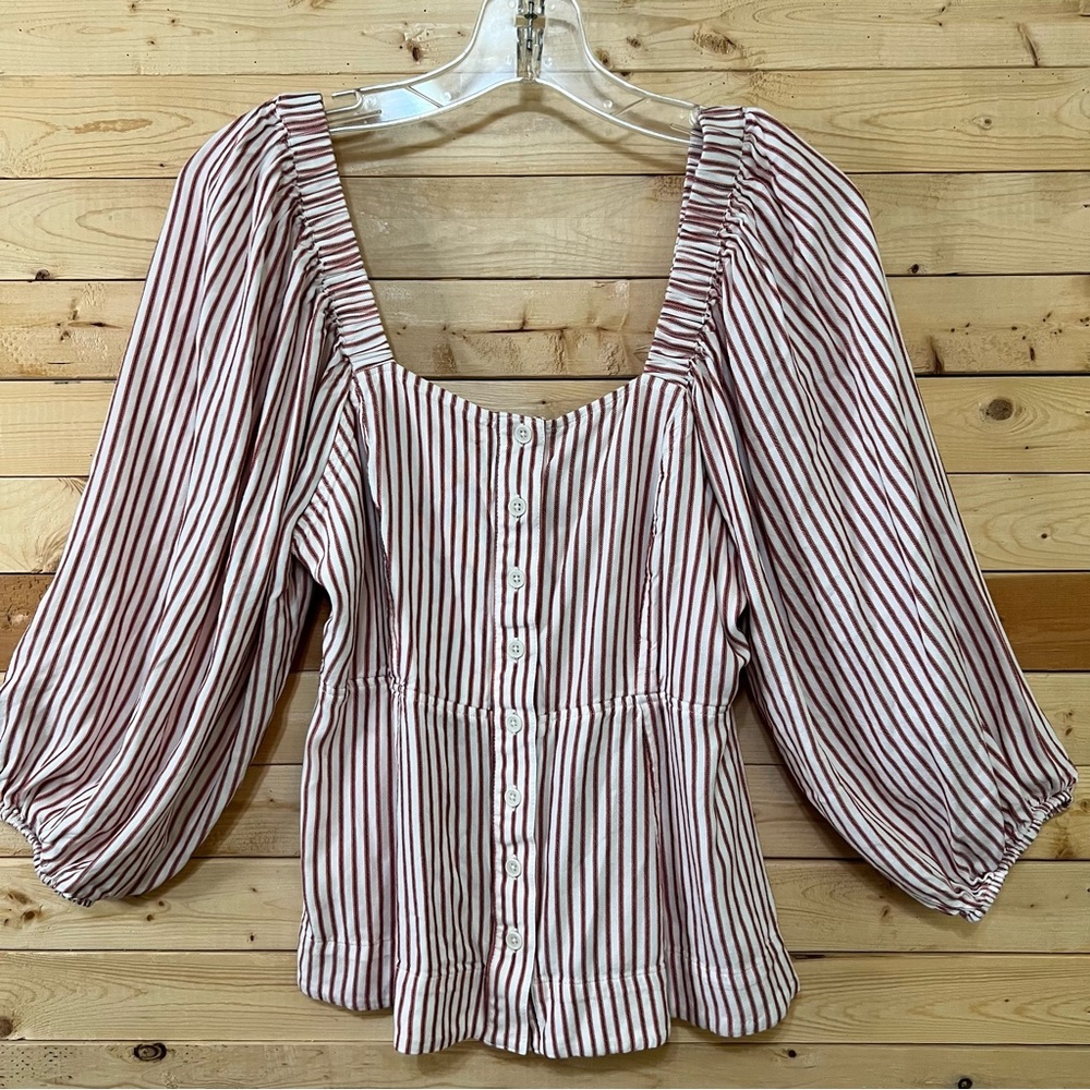 Cabi Burgundy Cream stripes square neckline Button Down Wide Sleeve Top size S/P